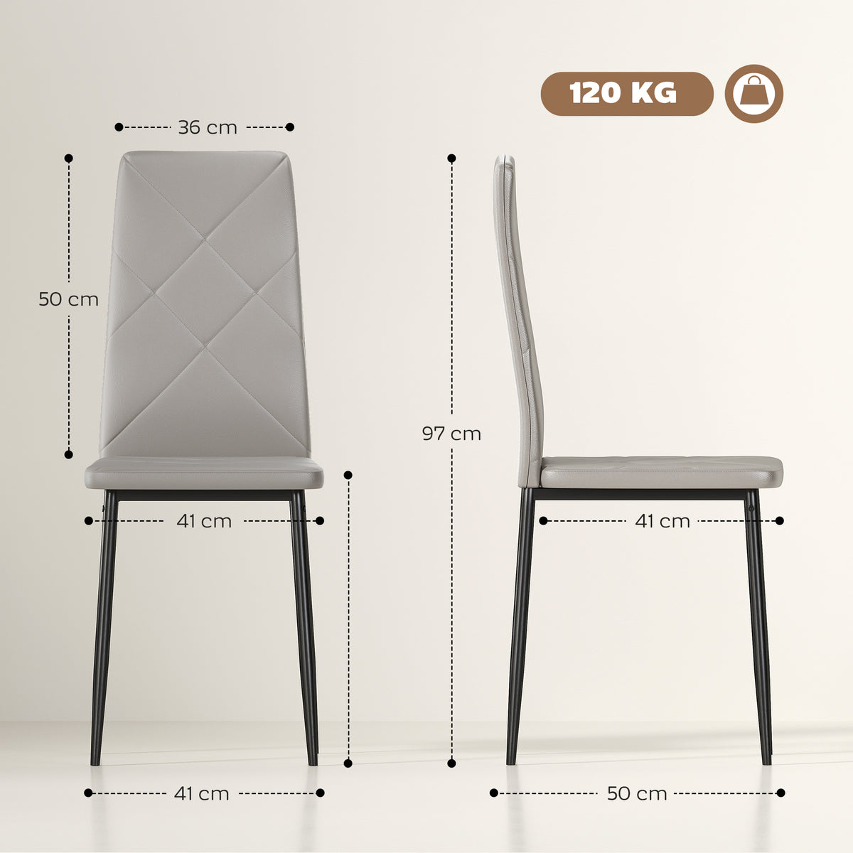 Conjunto de 4 Cadeiras de Sala de Jantar Estofadas em Couro Sintético Cadeiras de Cozinha com Encosto Alto e Pés de Aço Carga Máxima 120kg 41x50x97 cm Cinza — foto 3