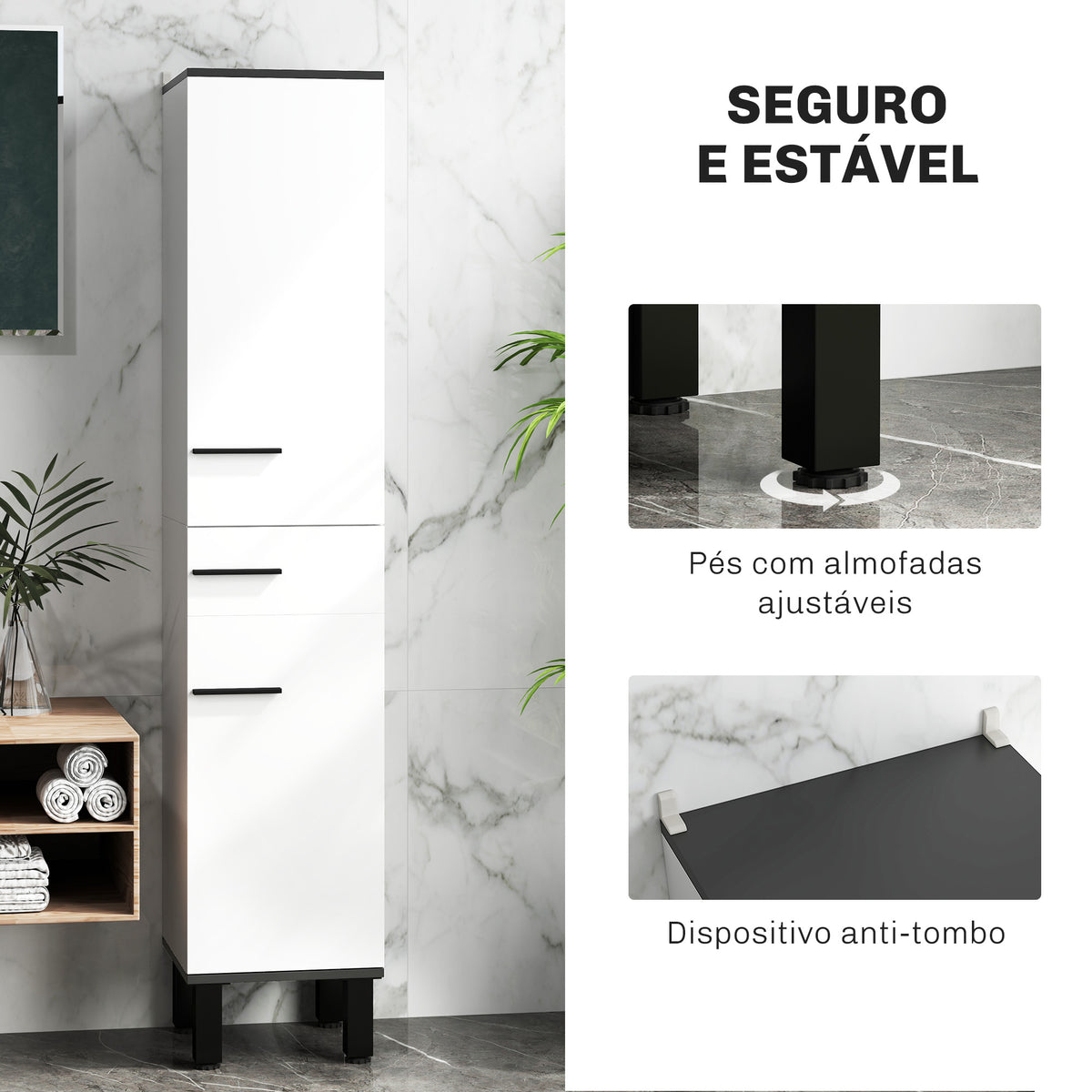 Coluna Casa de Banho Armário Alto Casa de Banho com Gaveta 2 Portas e Prateleiras Ajustáveis Móvel Auxiliar Casa de Banho Moderno Anti-Tombo 34x34x170 cm Branco — foto 6