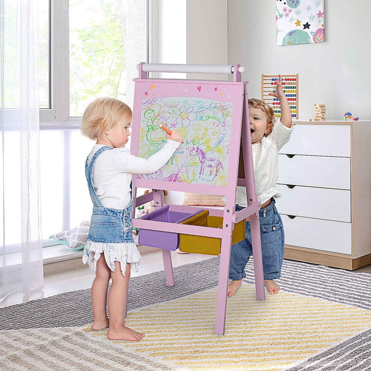 Cavalete Infantil 3 em 1 Cavalete de Arte para Crianças com Quadro Rolo de Papel e 2 Cestos de Armazenamento 58,5x50,5x118 cm Rosa — foto 2