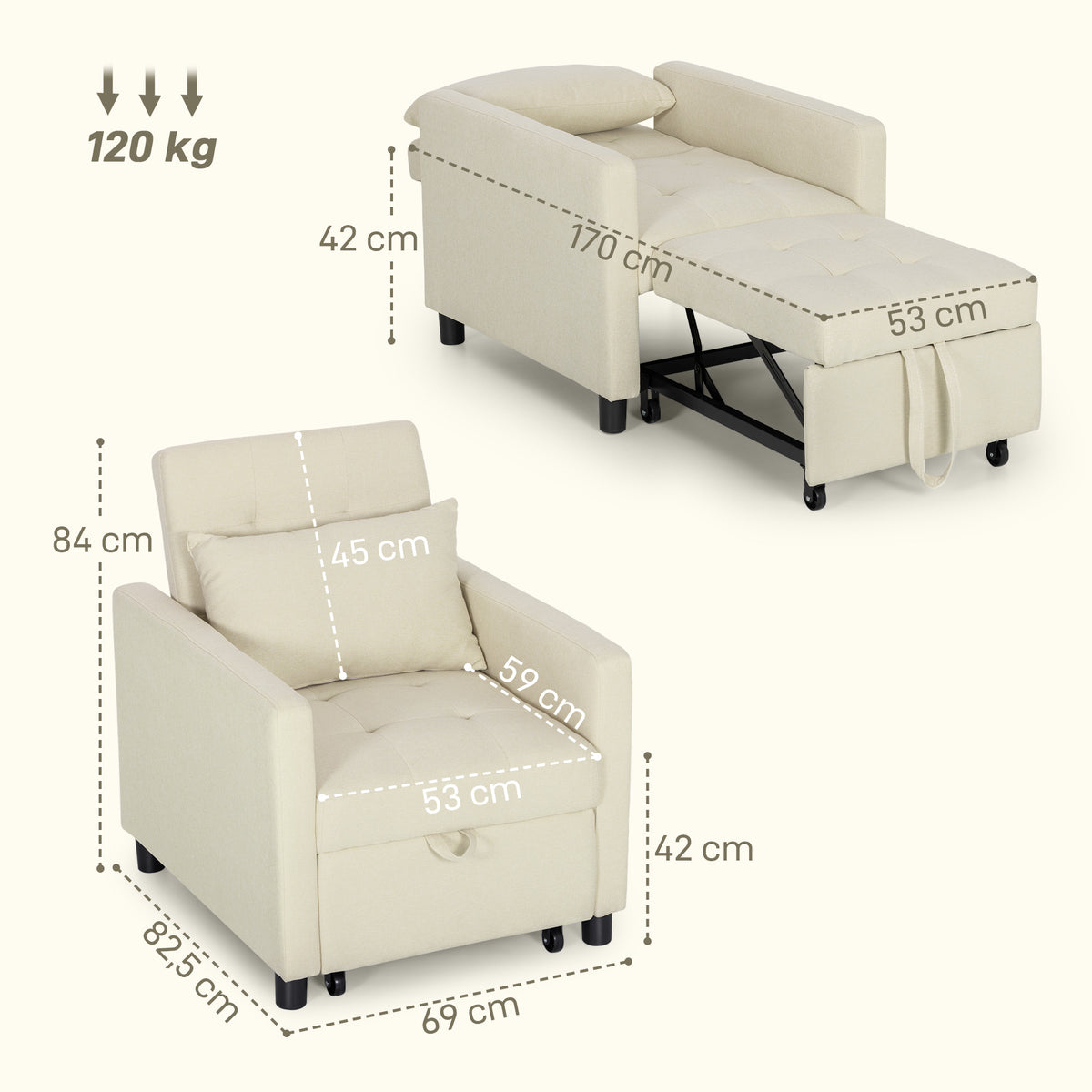 Sofá Cama Individual Poltrona com 4 Rodas Encosto Reclinável Almofada Extra e Assento Acolchoado Carga 100 kg para Escritório Dormitório Sala de Estar 69x82,5x84 cm Bege — foto 3