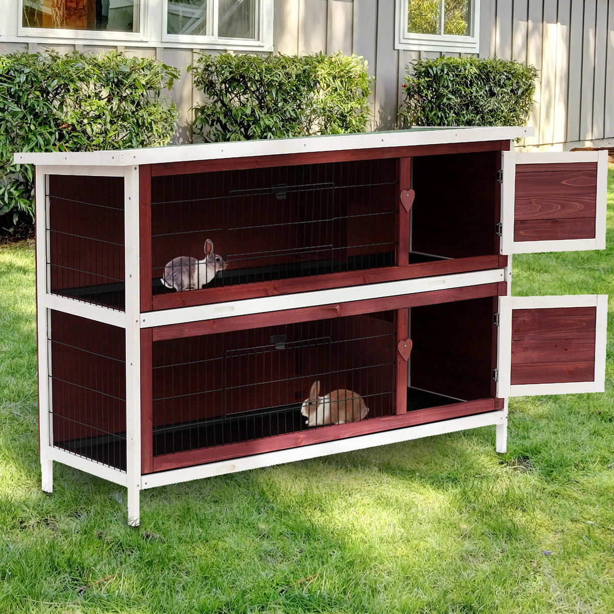 Coelheira de Madeira Exterior de 2 Níveis Gaiola para Coelhos com Teto Asfáltico 4 Portas e Bandejas Removíveis 136x50x93cm Marrom Avermelhado — foto 2