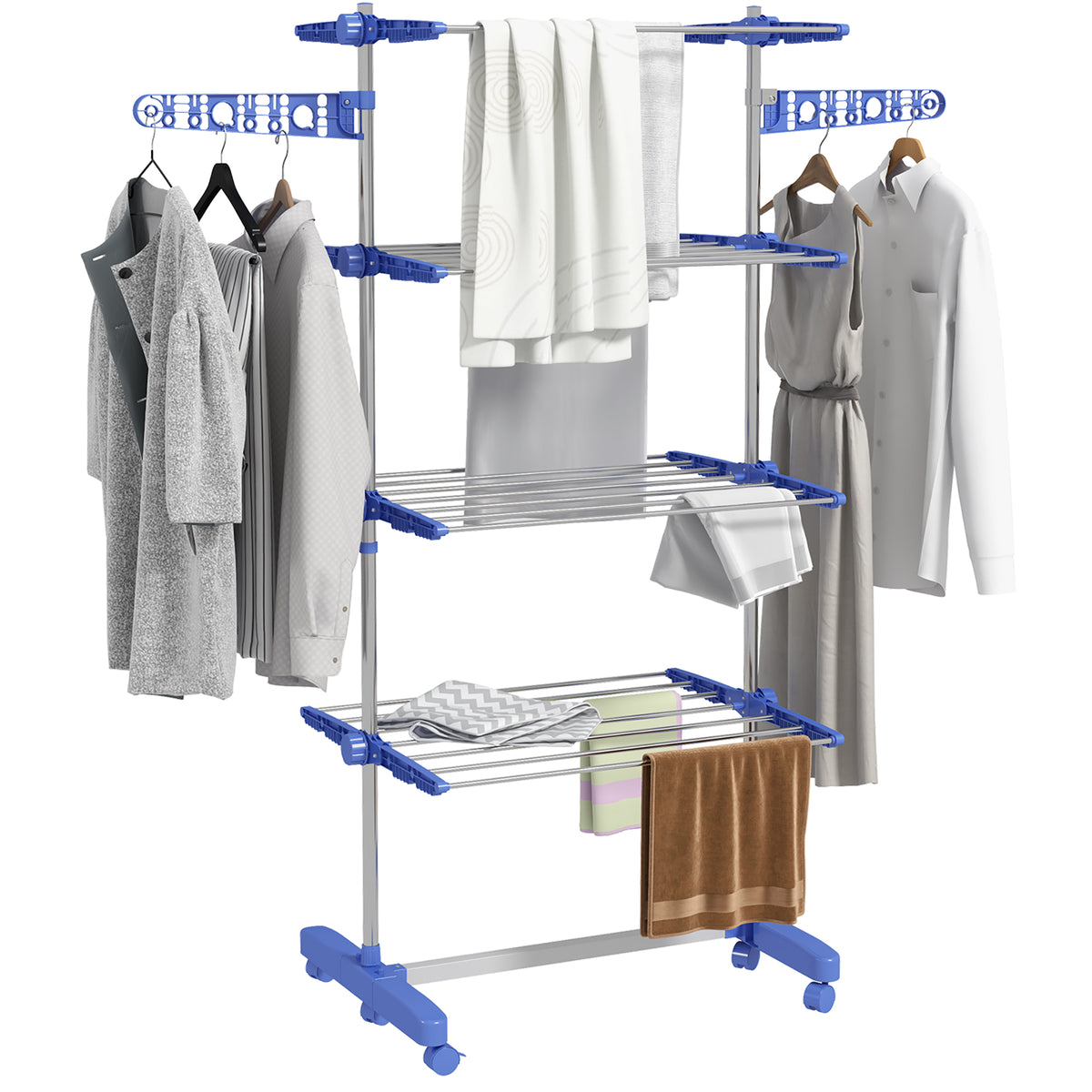 Estendal Vertical Dobrável de 4 Níveis Estendal de Roupa com 6 Rodas 2 Laterais Dobráveis Prateleiras Ajustáveis e Estrutura de Aço Inoxídável para Interior e Exterior Azul — foto 1