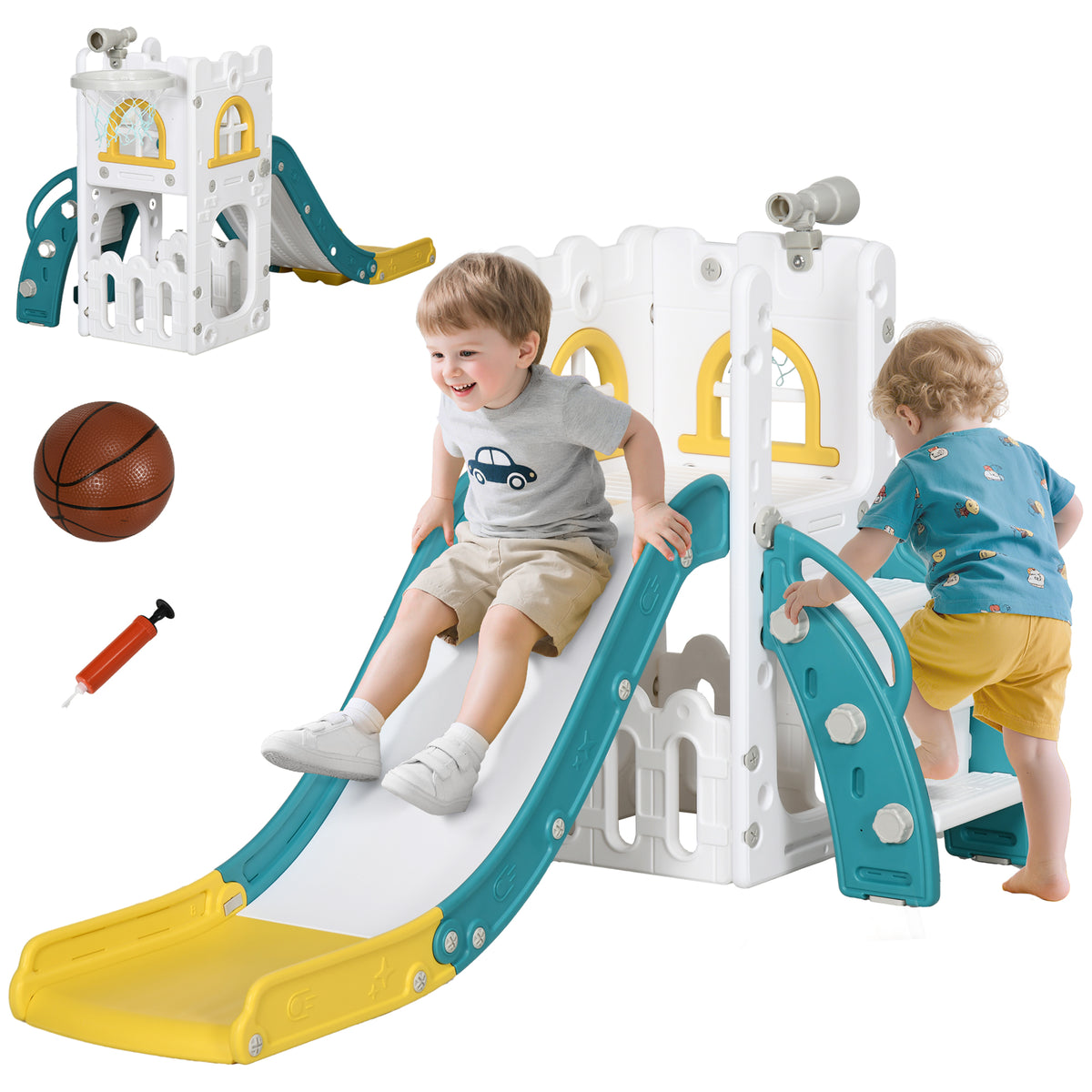 Escorrega Infantil 4 em 1 para Crianças de 1-3 Anos com Cesto de Basquetebol Telescópio Escalador e Espaço de Arrumação para Interior e Exterior 70x177x92 cm Amarelo e Verde — foto 1