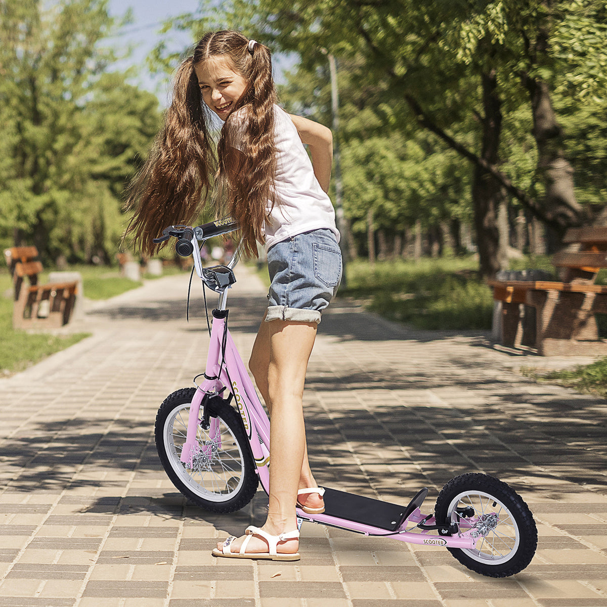 Trotinete para Crianças acima de 5 anos Scooter de 2 Rodas Grandes com Duplo Freio e Guidão Ajustável em Altura Adolecentes Adultos 125x58x92-100cm Rosa — foto 2