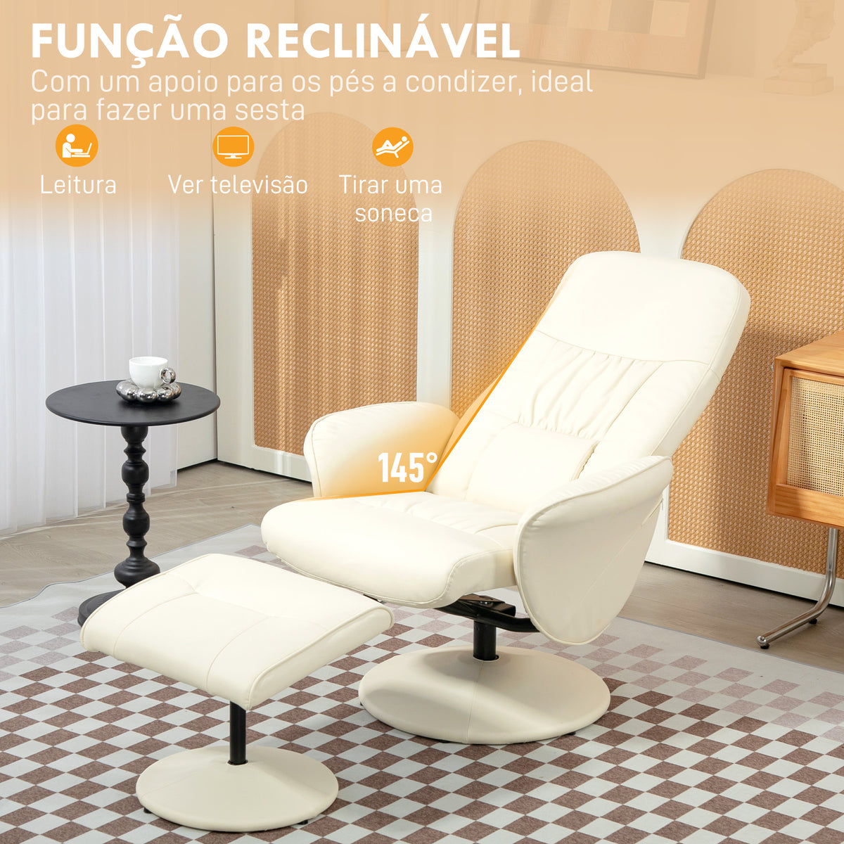 Poltrona Relax com Apoio para os Pés Estofada em PU Poltrona Relax Reclinável até 145° e Giratório 360° com Encosto Ajustável para Sala de Estar Dormitório Escritório 81x81x105cm Creme — foto 4