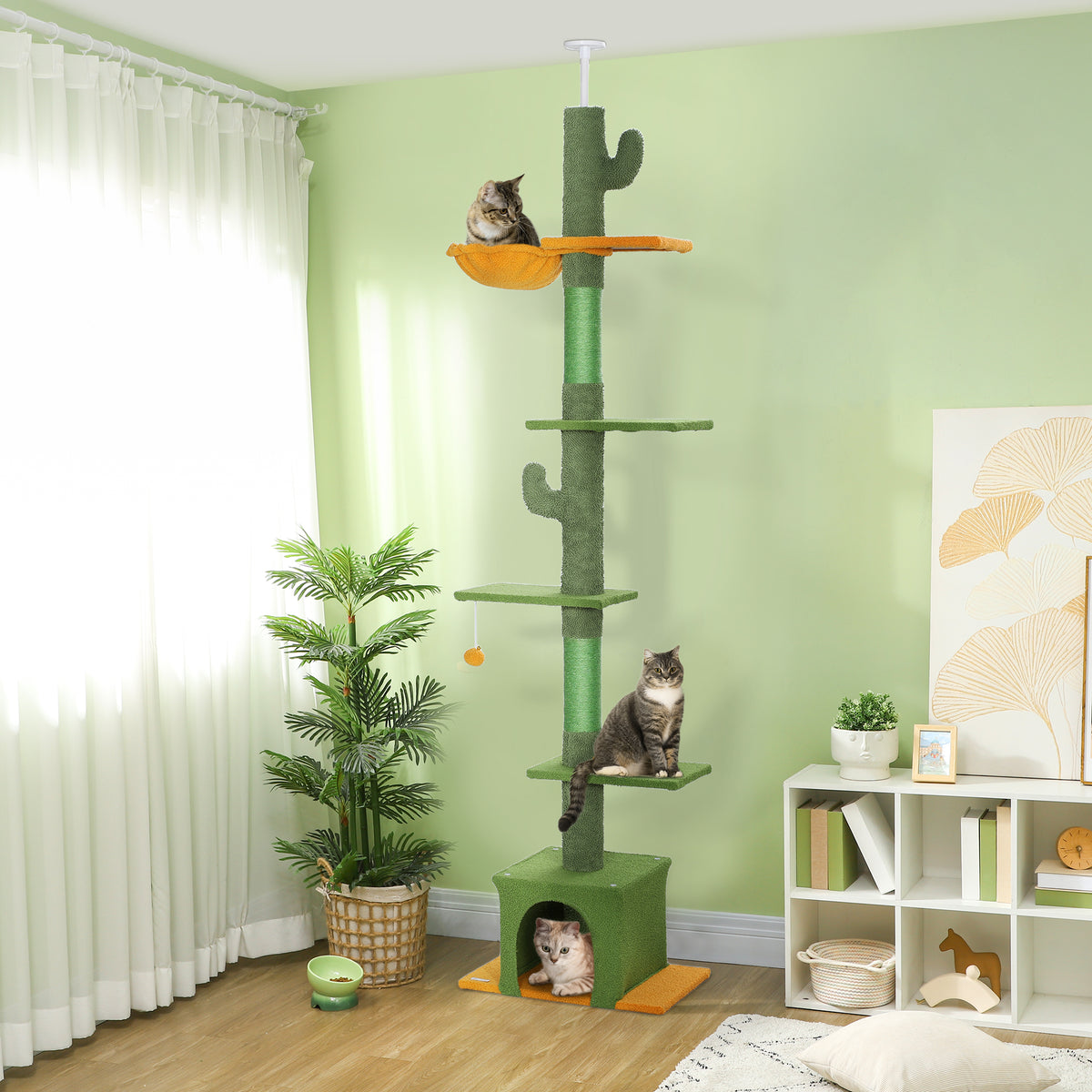 Arranhador para Gatos de Chão a Teto de 230-275 cm Torre para Gatos com Altura Ajustável Plataformas Caverna Rede Postes de Sisal e Bola de Jogo Verde — foto 2