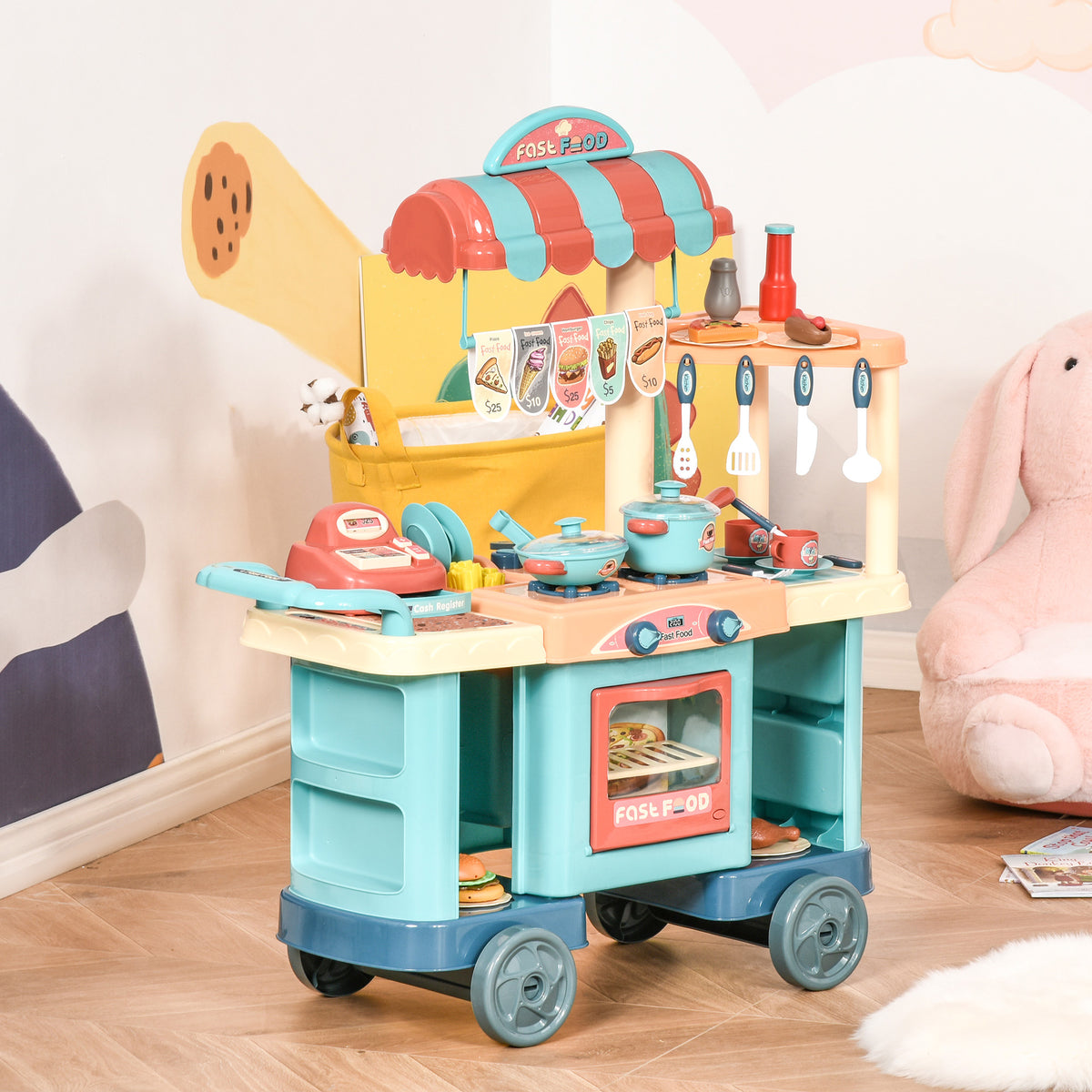 Cozinha de Brinquedo para Crianças de 3 a 6 Anos Cozinha Infantil com Rodas Caixa Registradora e Acessórios para Cozinhar 79,5x33x90,5 cm Multicolor — foto 2