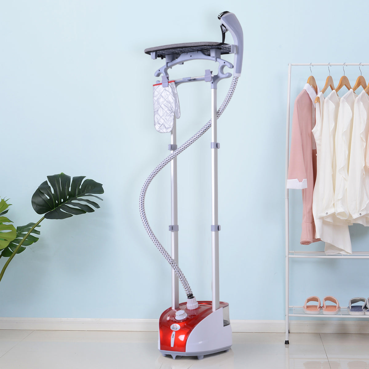 Ferro de Engomar a Vapor para Roupa 1800W Temperatura Ajustável em 11 Níveis Ferro de Engomar Vertical com Barra Dupla Depósito de 2 L Aquecimento em 38s 35x25x47-118,5 cm Vermelho — foto 2