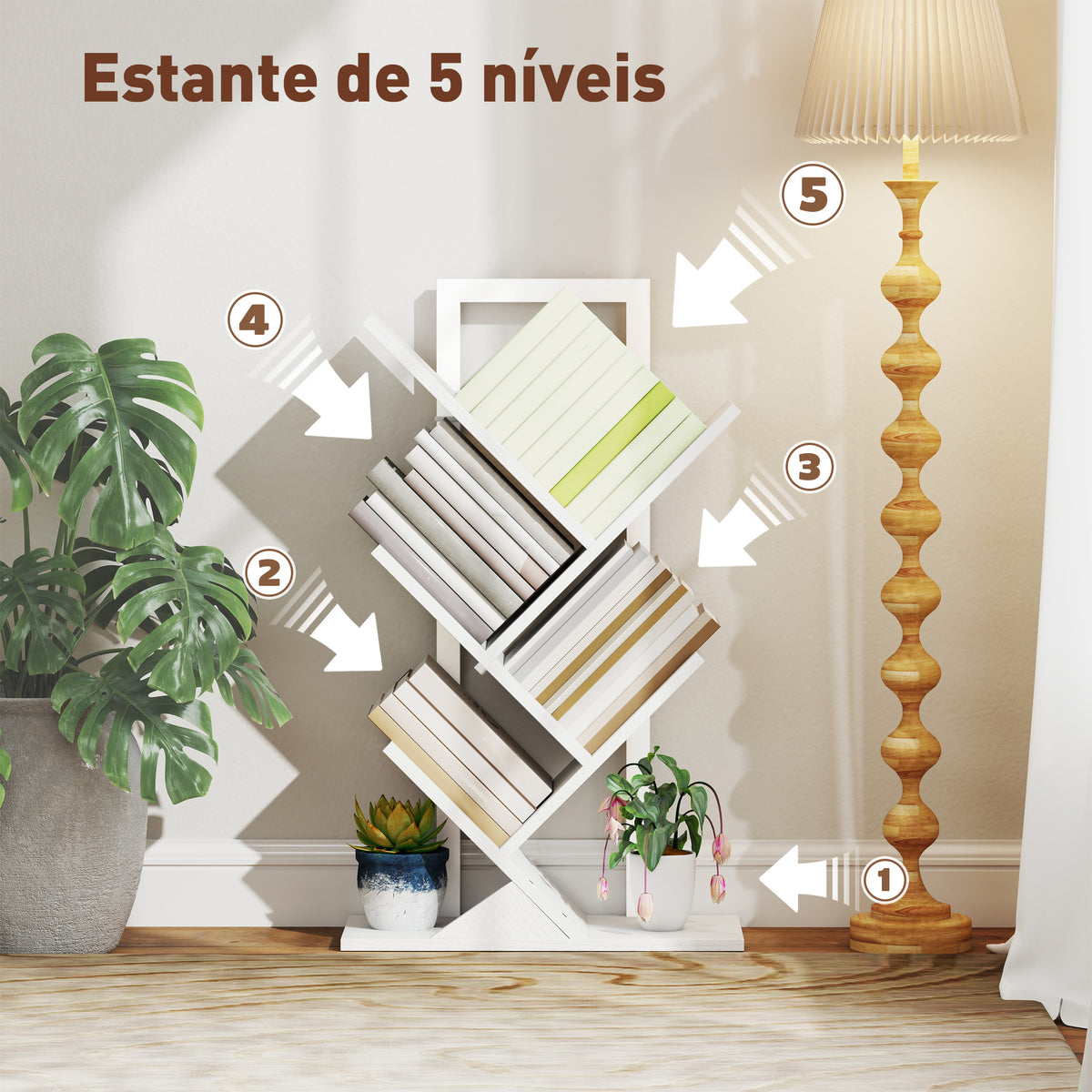Estante em Forma de Árvore de 5 Níveis Estante de Livros com 5 Prateleiras e Estrutura de Aço para Sala de Estar Escritório Estúdio Quarto 50x24x82 cm Branco — foto 4