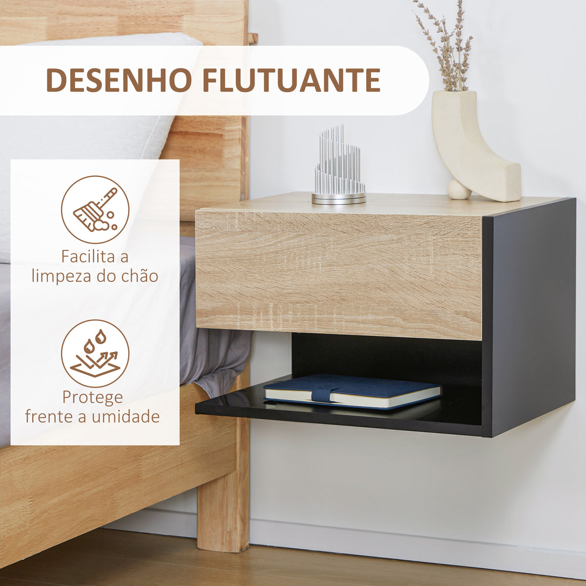 Conjunto de 2 Mesas de Cabeceira Flutuantes Mesas de Cabeceira Suspensas com 1 Gaveta e Prateleira Aberta para Dormitório 46x30x30 cm Carvalho e Preto — foto 4