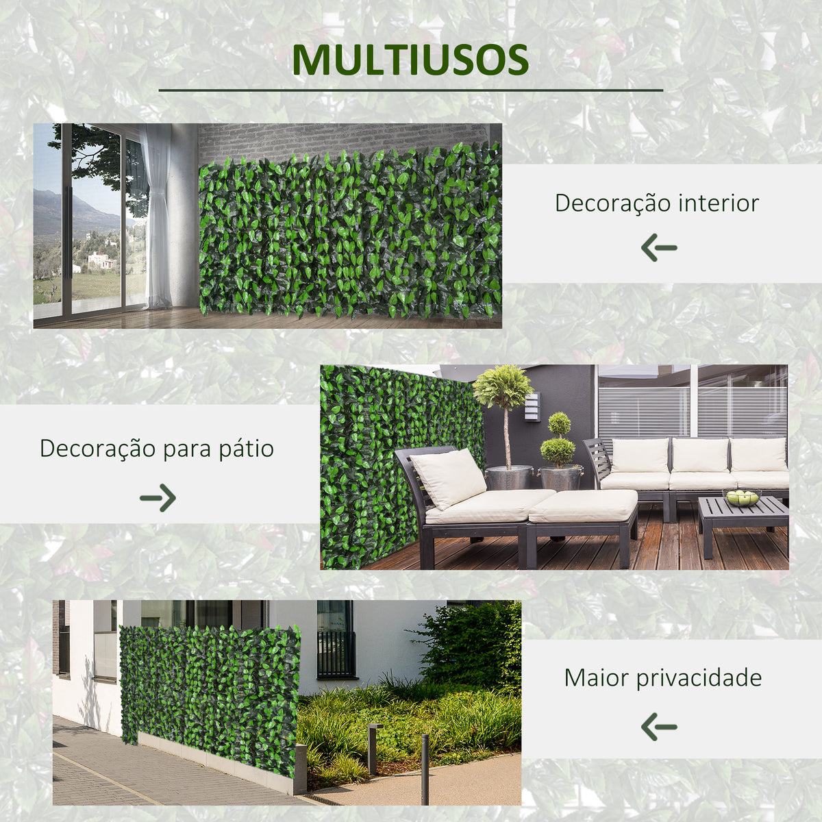 Vedação Artificial em Rolo 3x1m Vedação de Privacidade para Balcão Jardim Exterior Planta Decorativa de Parede PE Verde — foto 7