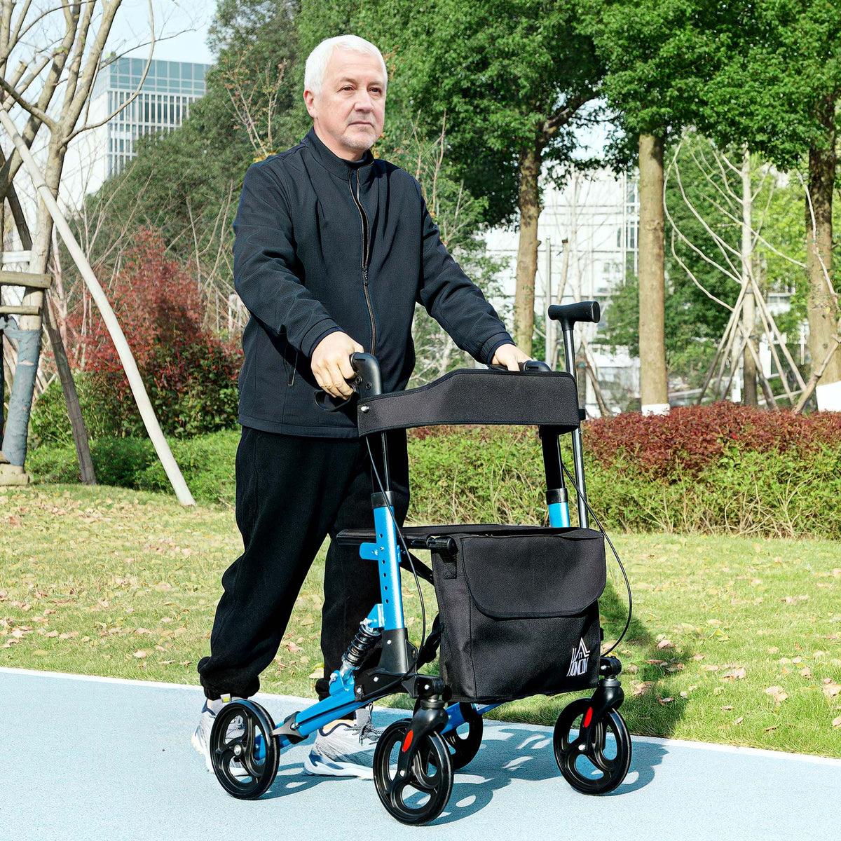 Andarilho Idosos Dobrável de Alumínio Andador para Pessoas Maiores com Assento e 4 Rodas Andarrilho com Altura Ajustável Travão e Bolsa de Transporte 66x65x80-93 cm Preto e Azul — foto 2