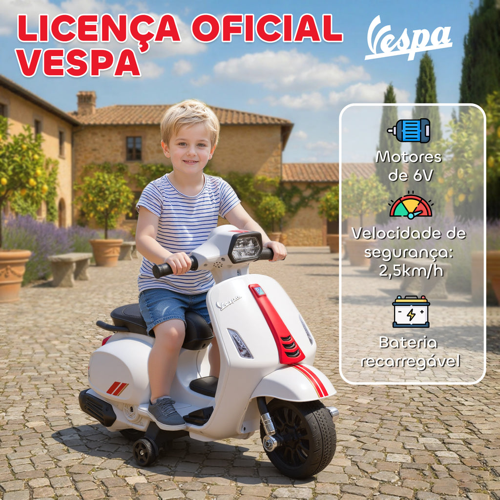 Mota Elétrica para Crianças 6V com Licença Vespa Mota Elétrica Infantil com Rodas Auxiliares Velocidade de 2,5km/h Farol e Buzina para Crianças de 2-6 Anos 71x37x52 cm Branco — foto 4