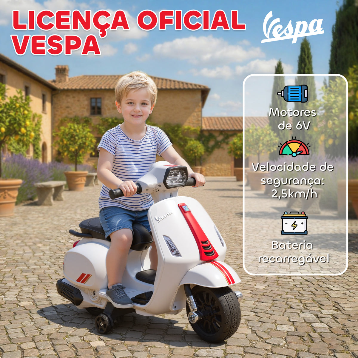 Mota Elétrica para Crianças 6V com Licença Vespa Mota Elétrica Infantil com Rodas Auxiliares Velocidade de 2,5km/h Farol e Buzina para Crianças de 2-6 Anos 71x37x52 cm Branco — foto 4