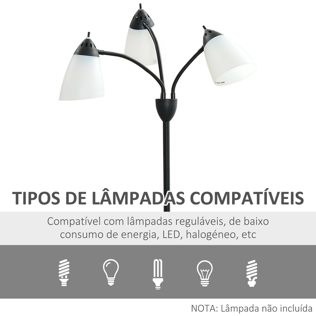 Candeeiro de Pé com 3 Ecrãs Giratórios de 360° com Interruptores LED E27 Máx. 40W Estrutura de Metal Candeeiro de Pé para Sala de Estar Dormitório Estúdio 45x45x155cm Preto — foto 7