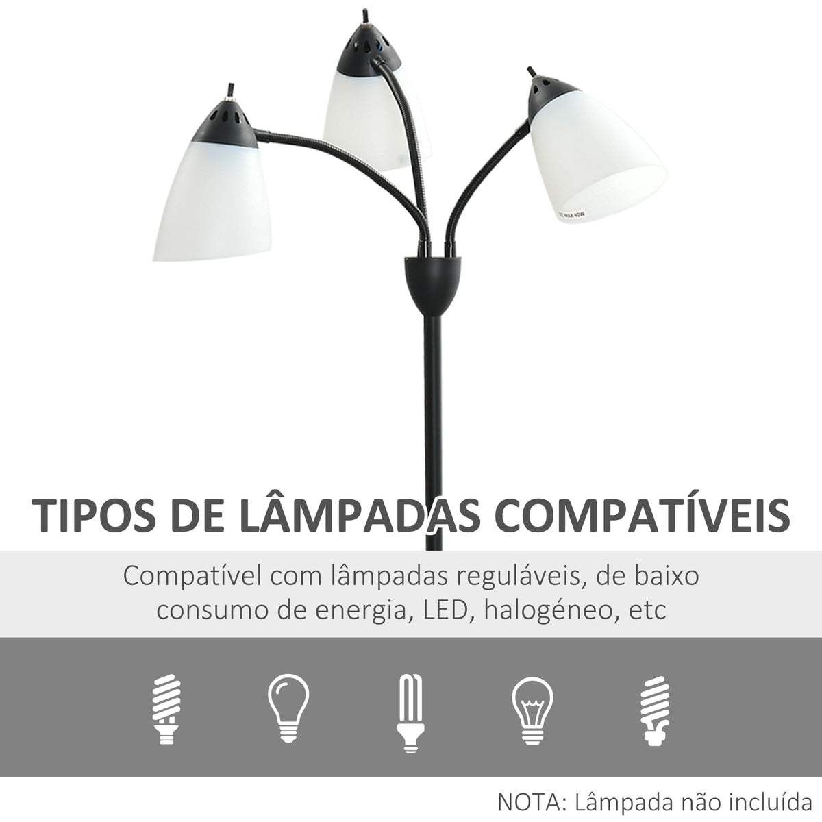 Candeeiro de Pé com 3 Ecrãs Giratórios de 360° com Interruptores LED E27 Máx. 40W Estrutura de Metal Candeeiro de Pé para Sala de Estar Dormitório Estúdio 45x45x155cm Preto — foto 7