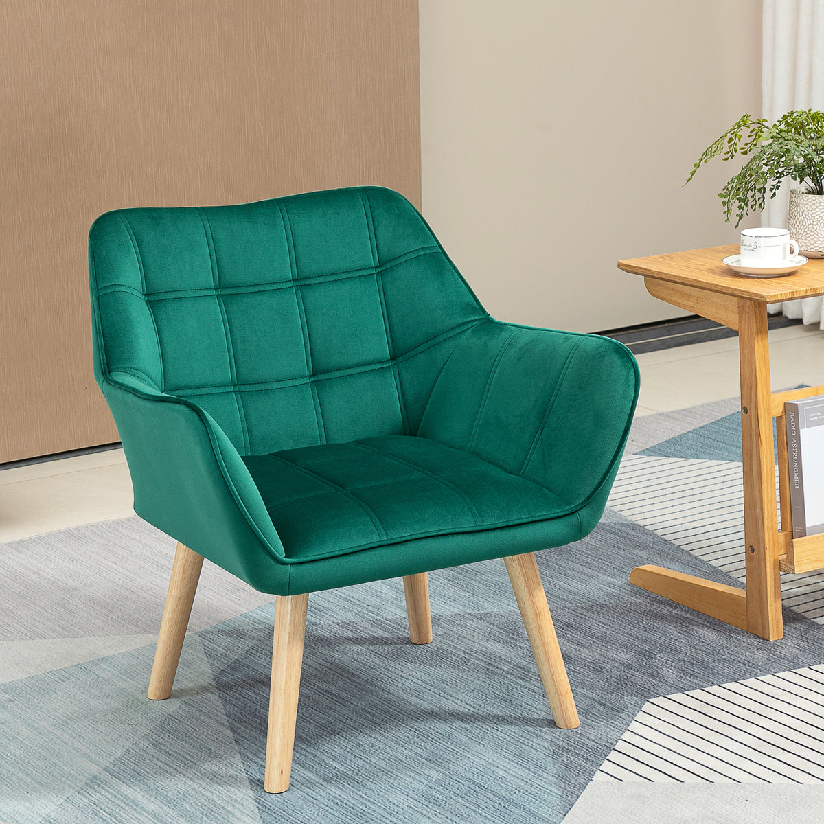 Poltrona Moderna Poltrona de Leitura Estofada em Veludo com Assento Amplo Pés em Madeira Poltrona Relax para Sala de Estar Quarto 67x61,5x71 cm Verde — foto 2