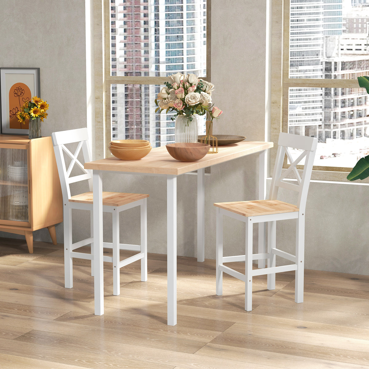 Conjunto de 2 Bancos de Bar de Madeira Bancos Altos de Cozinha com Encosto e Apoio para os Pés Estilo Rústico para Sala de Jantar 41x46x97.5 cm Natural — foto 2