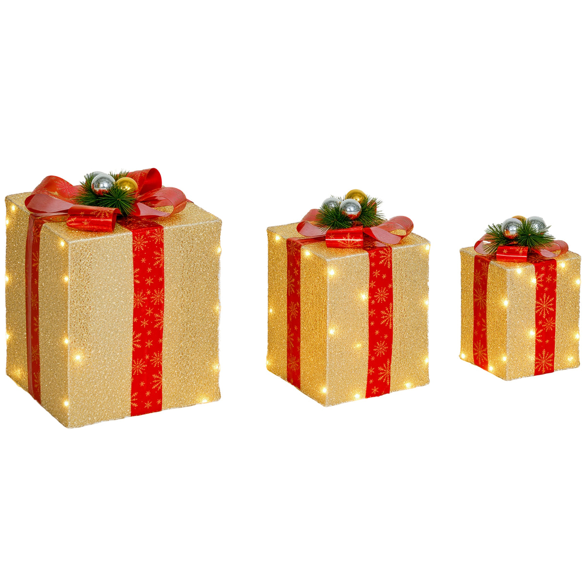 Conjunto de 3 Caixas de Presente de Natal com Luzes Enfeites Luminosos para Árvore de Natal com 58 LEDs Branco Quente Iluminação Natalícia para Interior Exterior e Festa Dourado — foto 1