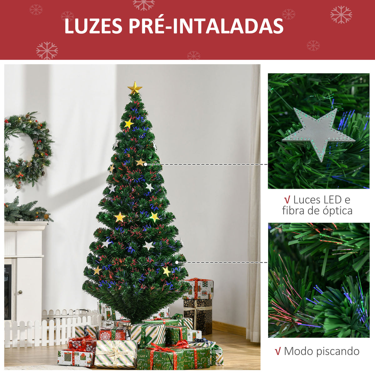 Árvore de Natal Artificial Pinheiros 180 cm com Suporte Decorações de Natal Estrela Flocos Fibra Óptica Brilhante LED Multicolor Retardador de Chama — foto 6