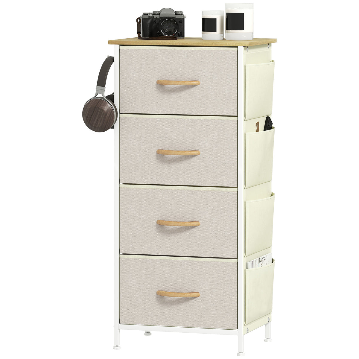 Cómoda Alta de Tecido com 4 Gavetas 4 Bolsos Laterais 2 Ganchos e Estrutura de Aço Cómoda para Quarto Sala de Estar Corredor 45x30x94,5 cm Bege — foto 1