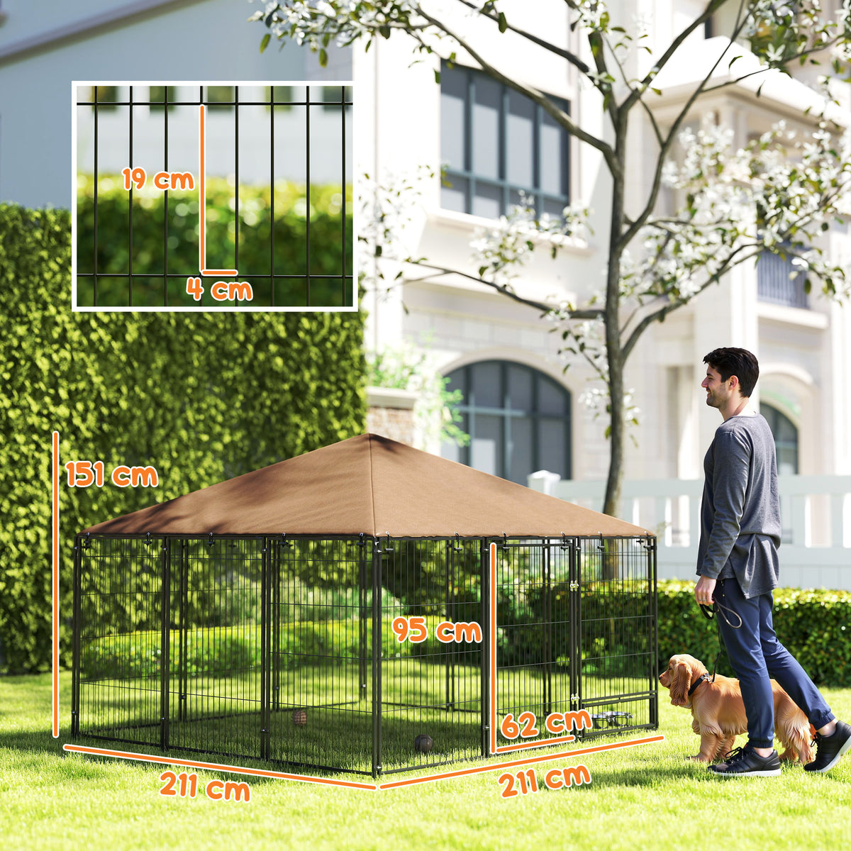 Parque para Cães com Toldo Canil para Exterior com Suporte Giratório para Comida 2 Tigelas Incluídas 211x211x151 cm Preto Marrom — foto 3
