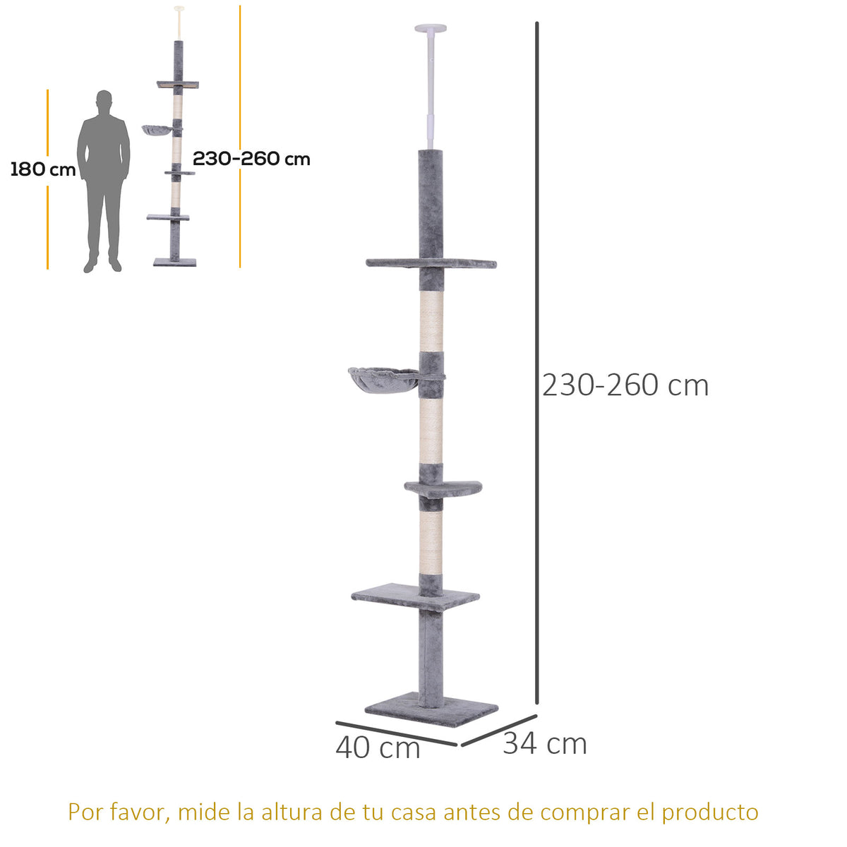 Árvore Arranhadora para Gatos Arranhador para Fixar ao Teto Altura Ajustável com Plataformas Poste de Sisal 40x34x230-260cm Cinza — foto 3