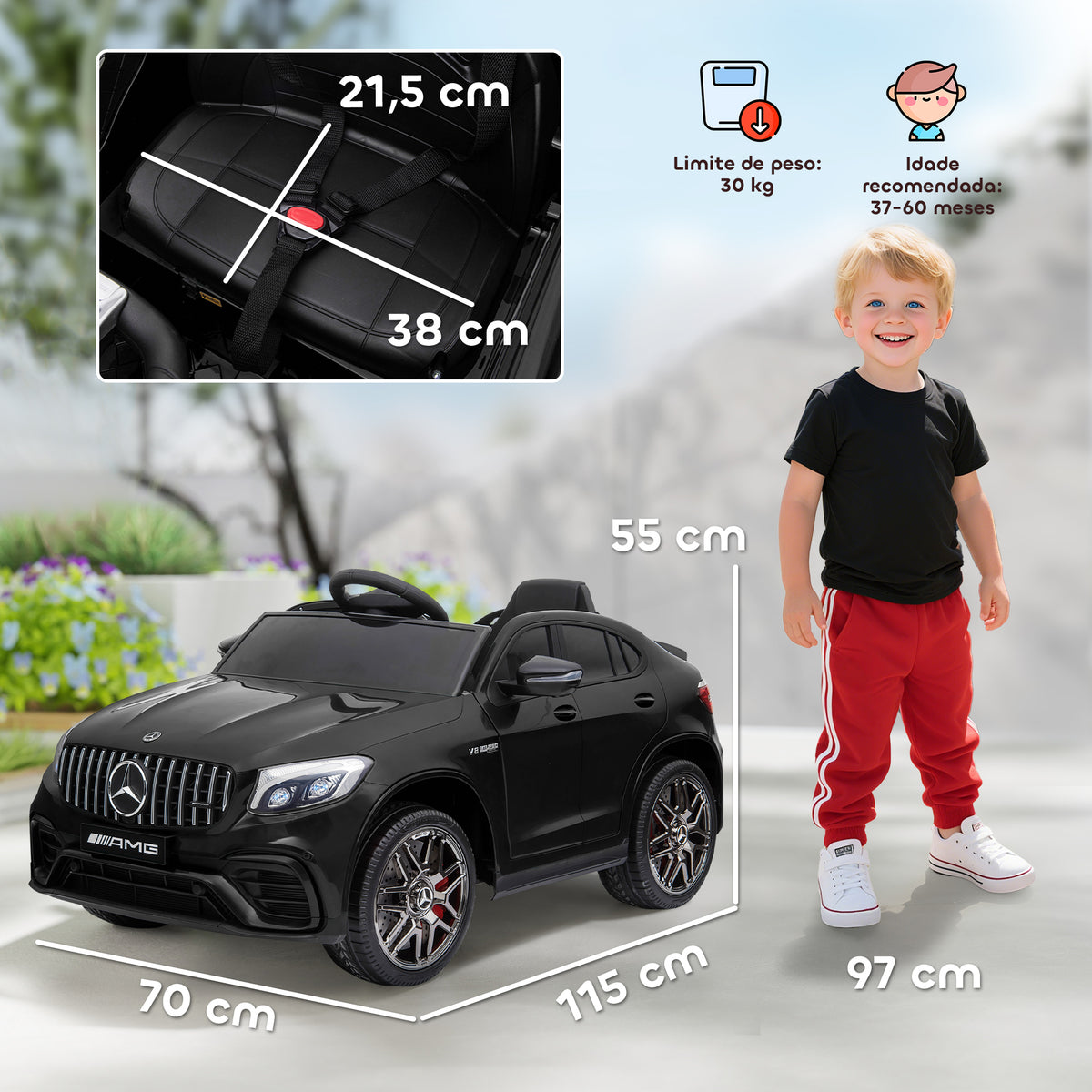 Carro Elétrico Mercedes AMG 12V para Crianças acima de 3 Anos com Controle Remoto Música Luzes Abertura da Porta 115x70x55cm Preto — foto 3
