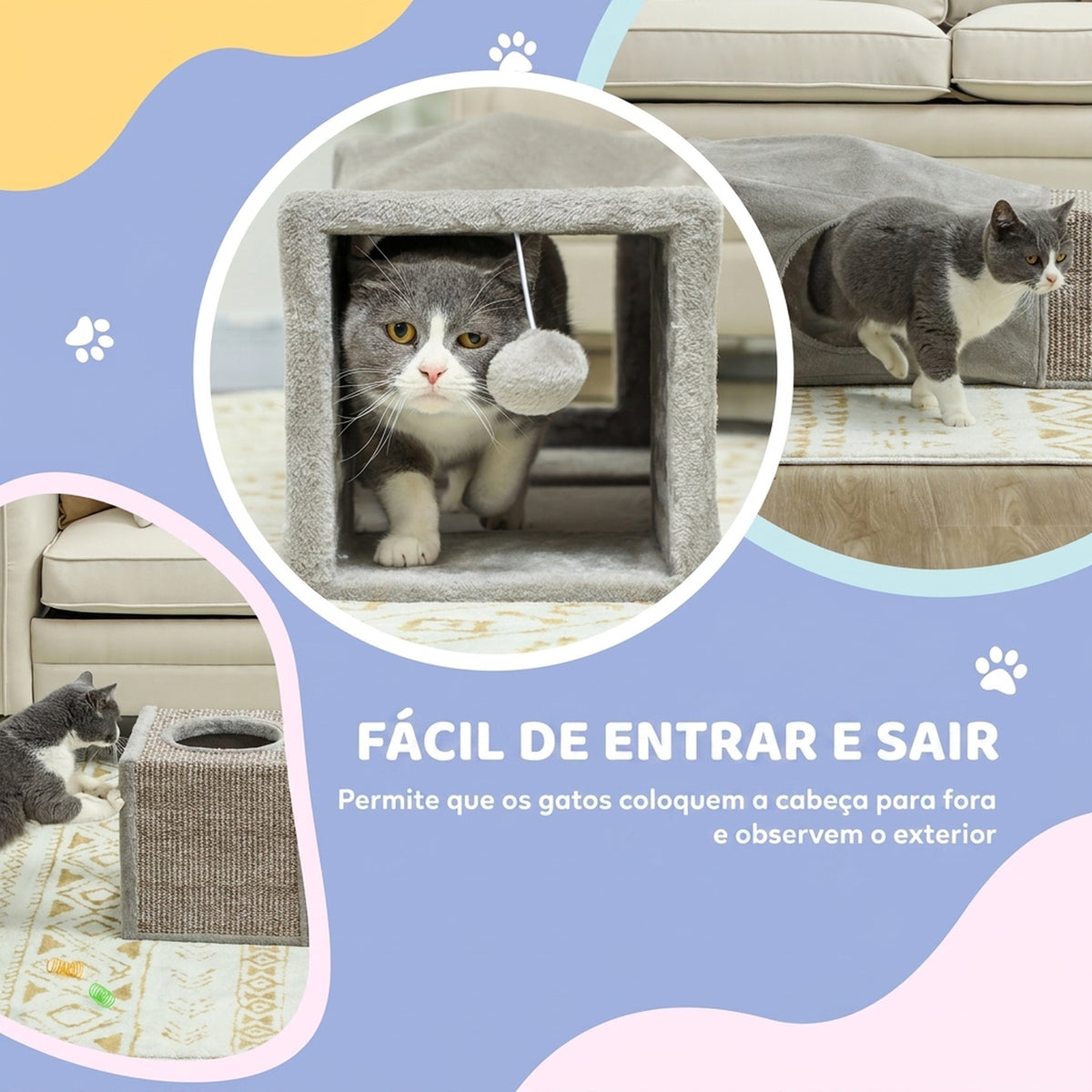 Túnel para Gatos de Interior Encaixável com Múltiplas Entradas, Tocas em Sisal e Bola Suspensa, 98x30x30 cm, Cinzento — imagem 10