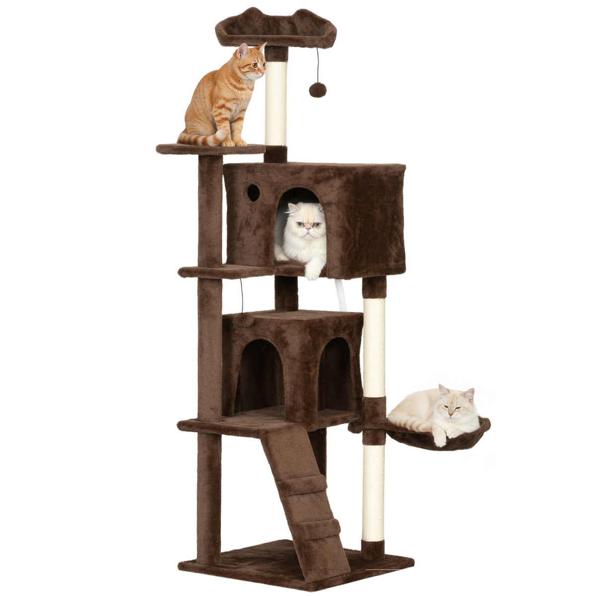 Arranhador para Gatos 160 cm Torre de Escalada com Múltiplas Plataformas Cama 2 Cavernas Rede Escada Postes de Sisal Bolas para Brincar Marrom — foto 1
