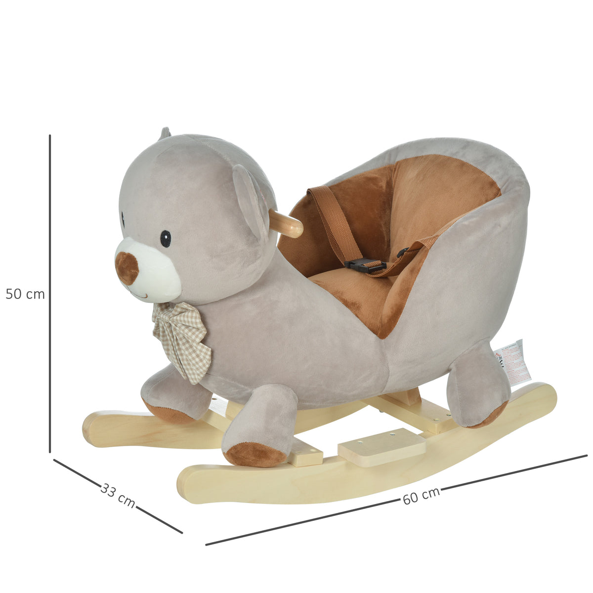 Cavalo de balanço para bebê acima de 18 meses Cavalo Baloiço de pelúcia macio com forma de urso com guiador e apoio de pés 60x33x50 cm Cinza — foto 3