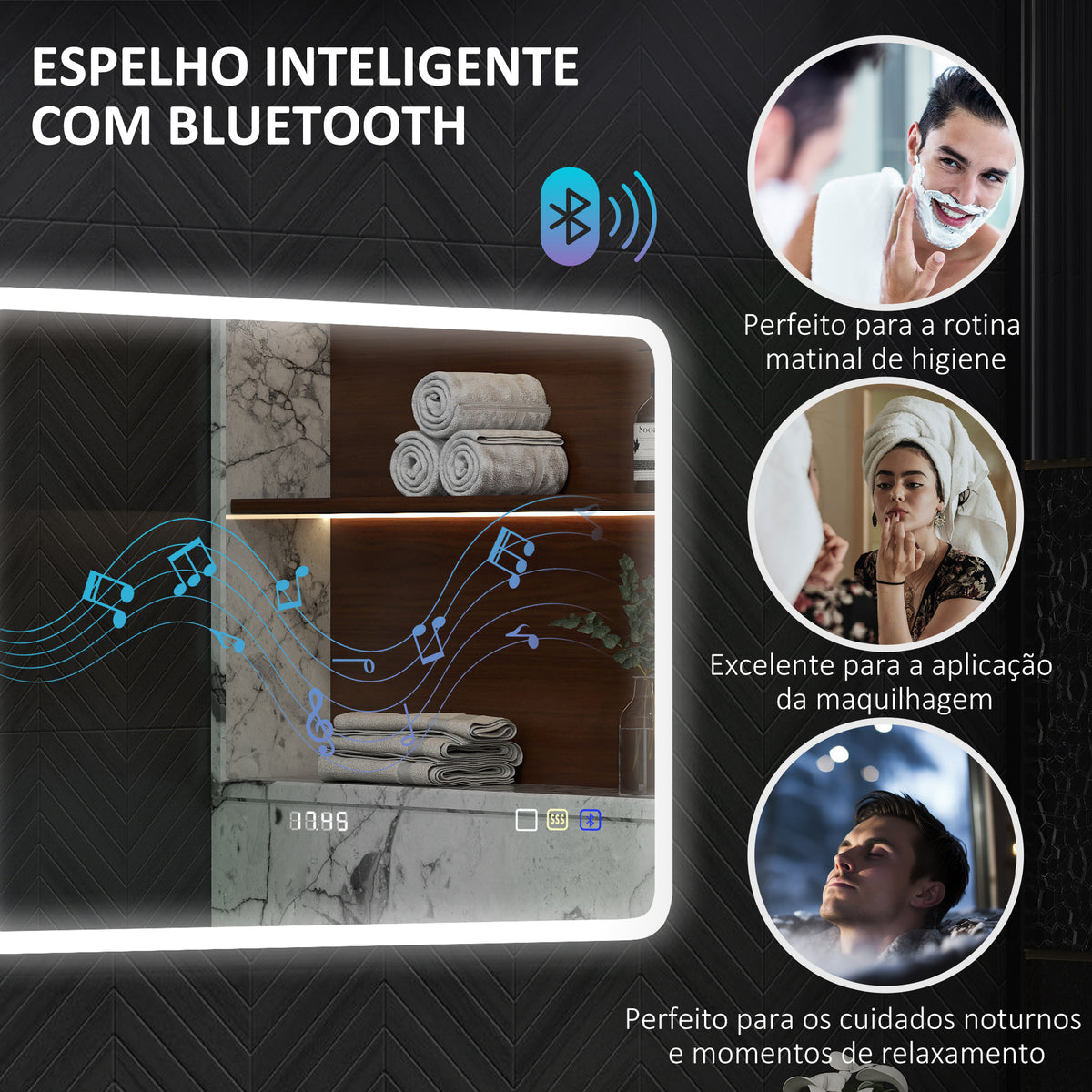 Espelho de Casa de Banho com Luz LED 80x60 cm Espelho de Parede com Bluetooth 3 Cores de Luz Relógio Digital Função Antiembaciamento Função de Memória Interruptor Tátil IP44 Prata — foto 5