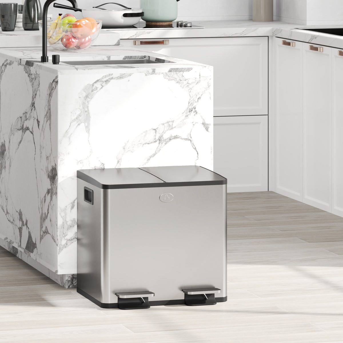 Balde de Lixo de Cozinha com 2 Compartimentos 2x15L Cubo de Lixo de Aço Inoxidável com Pedal Tampa de Fechamento Suave e Cubo Amovível para Escritório Cozinha Prata — foto 2