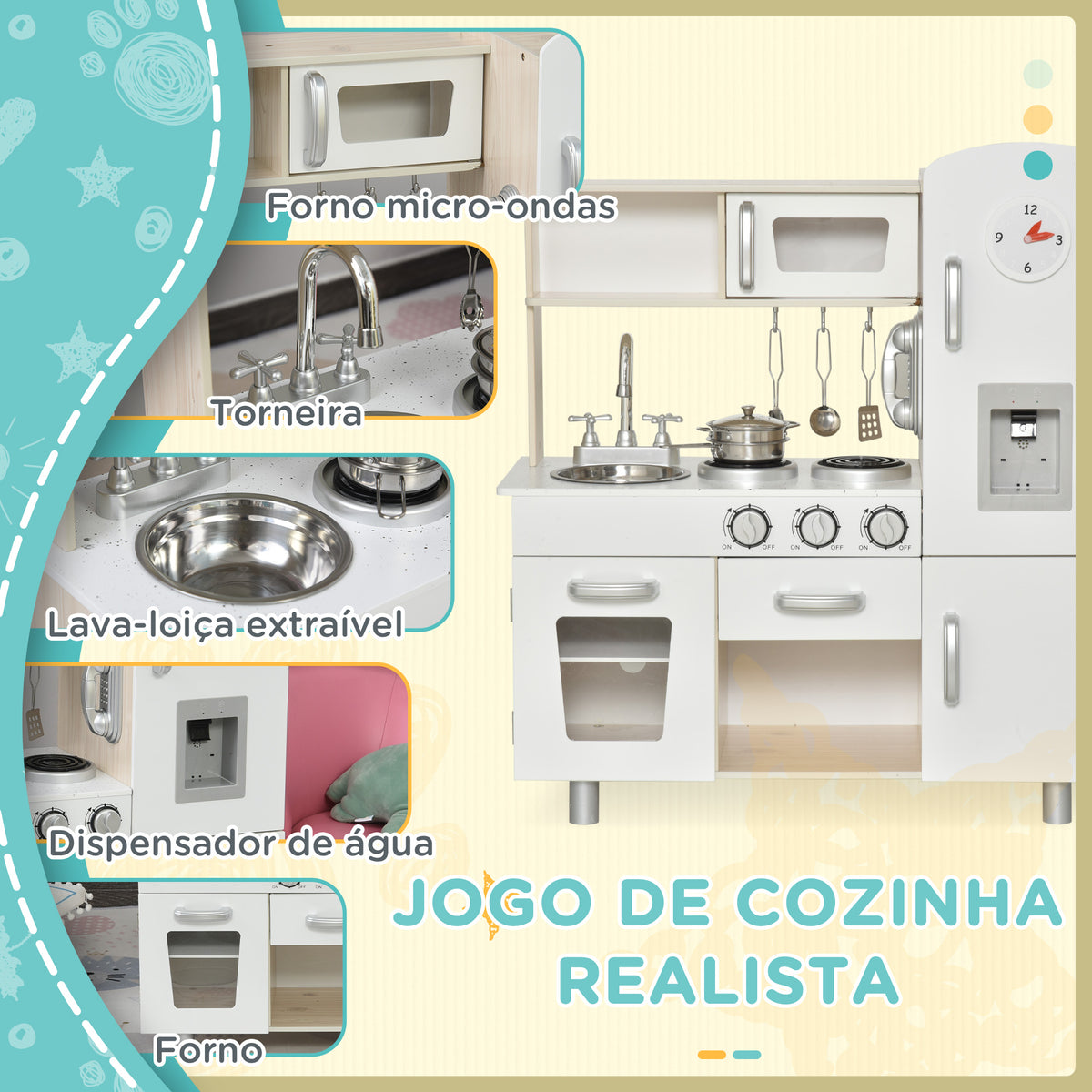 Cozinha de Madeira para Crianças Cozinha de Brinquedo com Lavatório Fogão de Indução e Micro-Ondas e Acessórios Incluídos Cozinha para Crianças acima de 3 Anos 74x30x81 cm Branco — foto 4