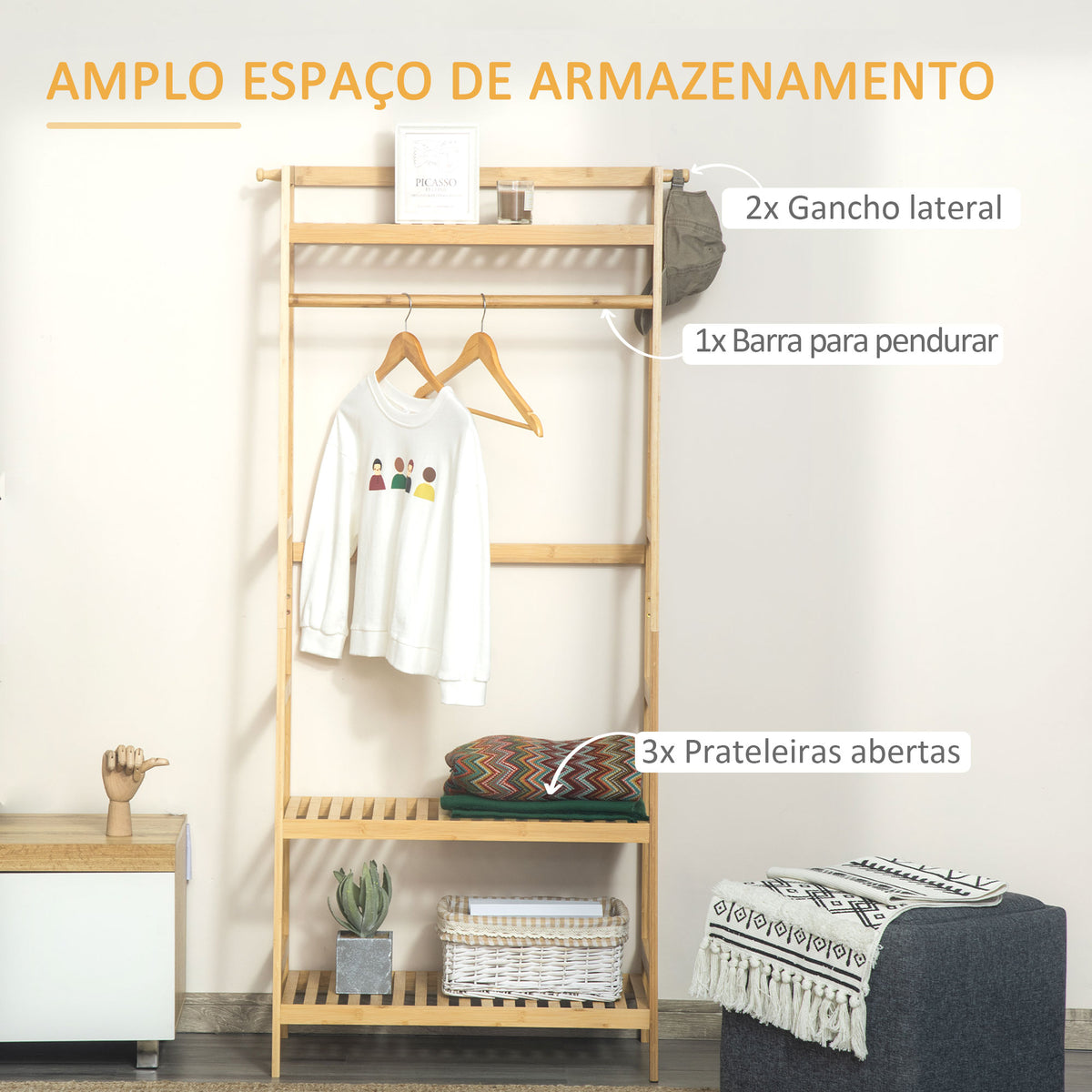 Suporte para Cabides de Bambu Cabideiro com Prateleira de 3 Níveis com Barra e Cabide Lateral para Roupas Bolsas 70x42x164cm Madeira — foto 4