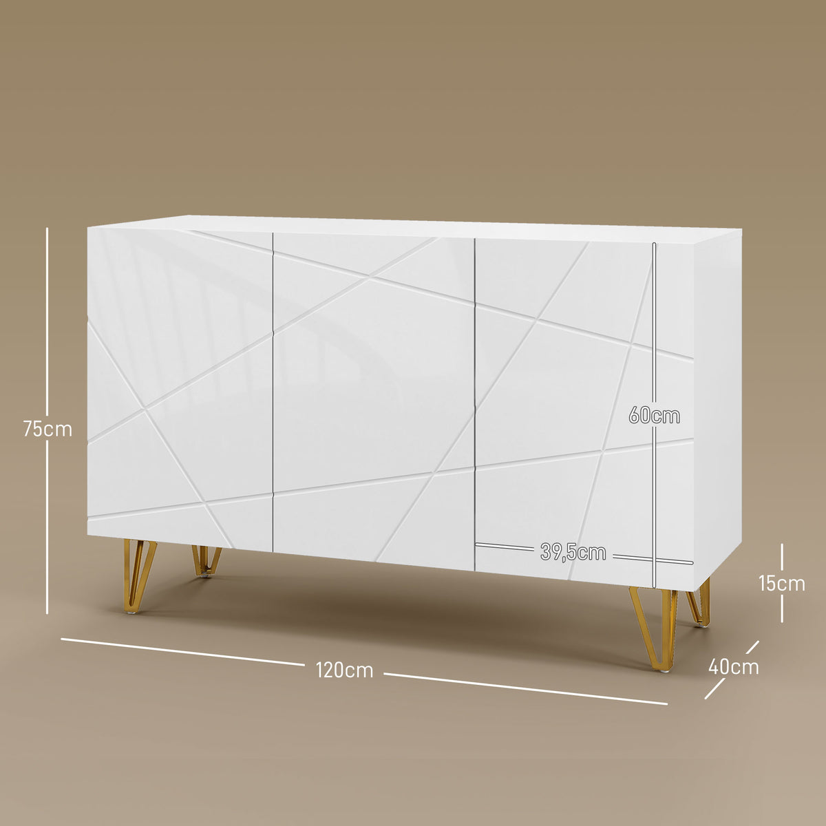 Aparador para Sala Aparador de Entrada com 3 Portas e Prateleiras Ajustáveis Armário de Armazenamento para Cozinha Sala 120x40x75 cm Branco Brilhante — foto 3