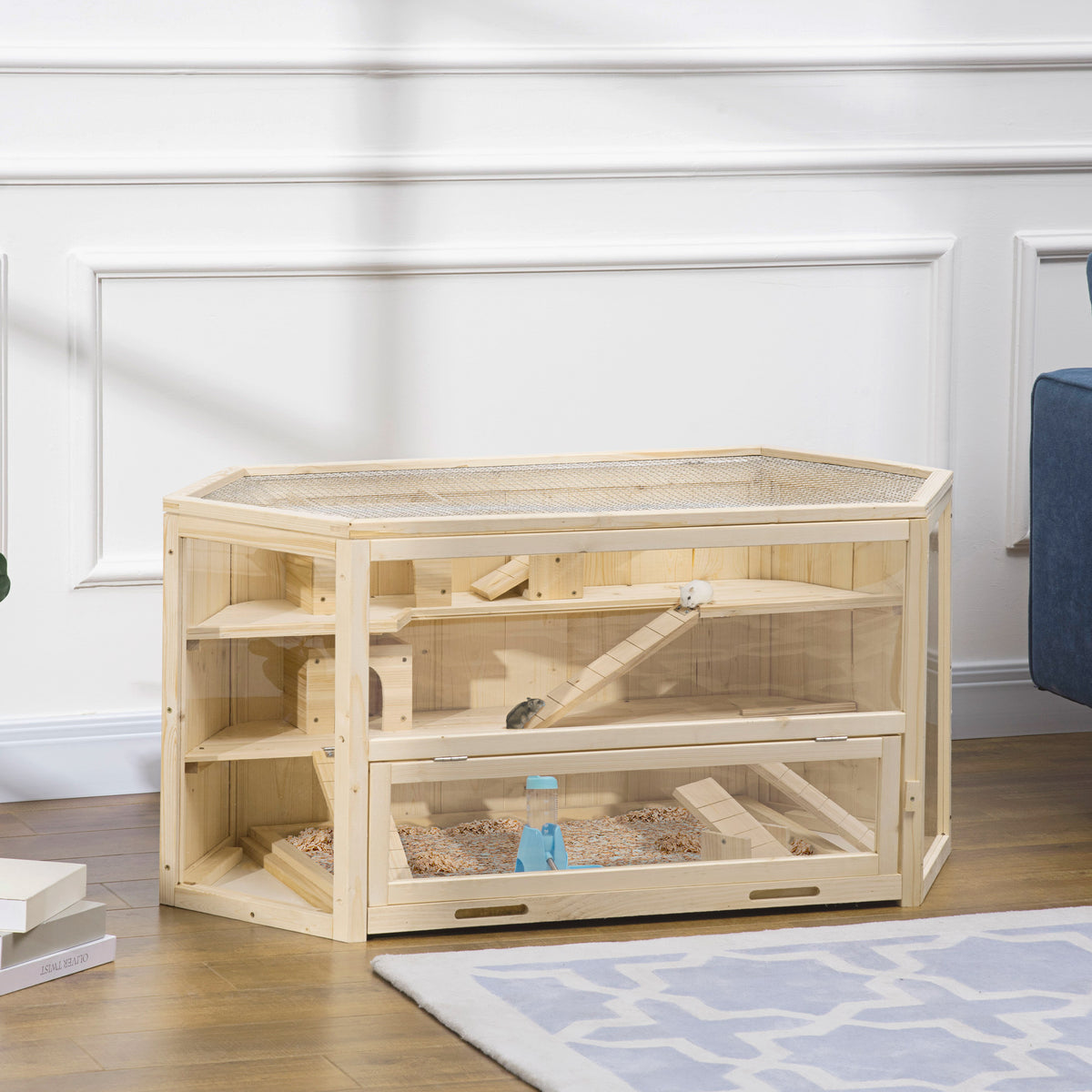 Gaiola de Madeira para Hámster 115x60x55cm Gaiola para Roedores e Animais Pequenos de 3 Níveis com Teto Abatível Bandeja Removível e 3 Rampas Madeira — foto 2