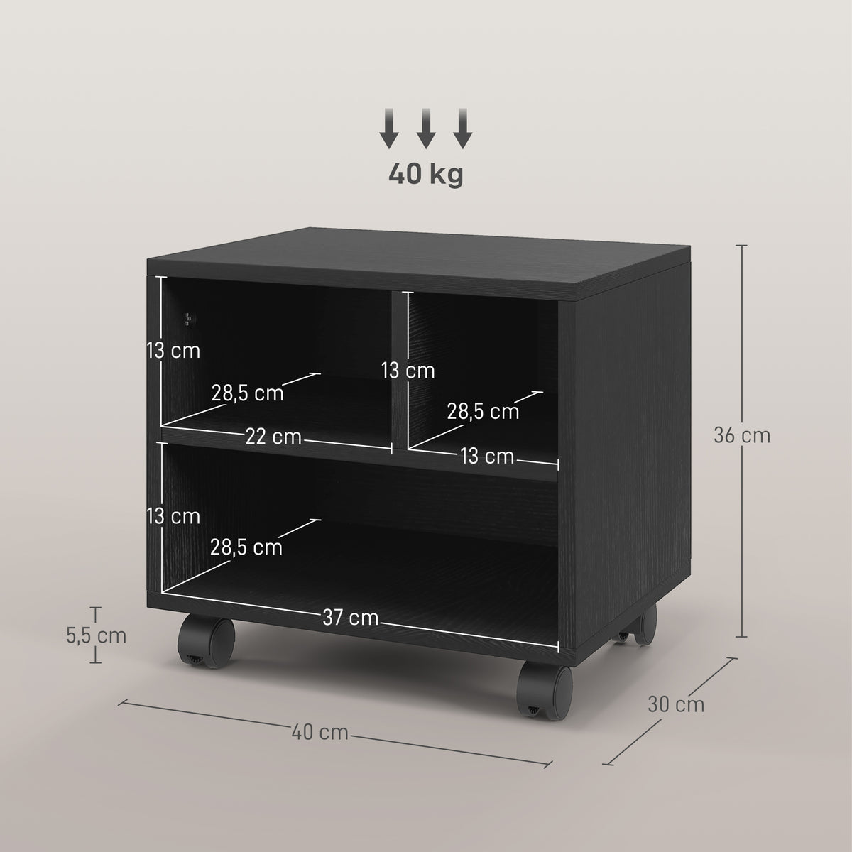 Móvel para Impressora com Rodas Suporte para Impressora com Compartimentos Abertos para Escritório Estúdio 40x30x36 cm Preto — foto 3