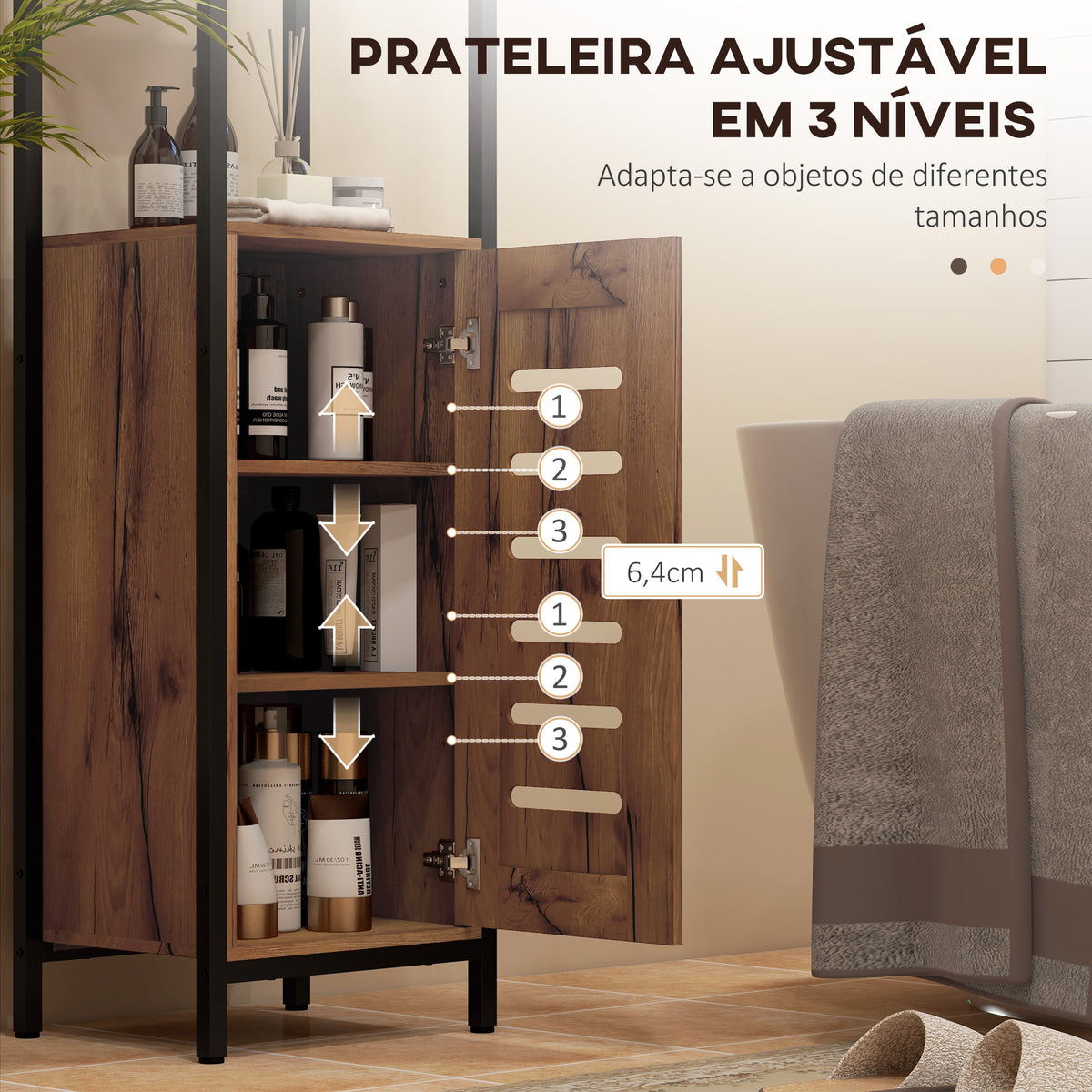 Coluna Casa de Banho Armário Alto Casa de Banho Estreito com Porta de Ripas Prateleiras Ajustáveis Compartimentos Abertos Estrutura de Aço 37x30x167 cm Castanho Rústico — foto 5