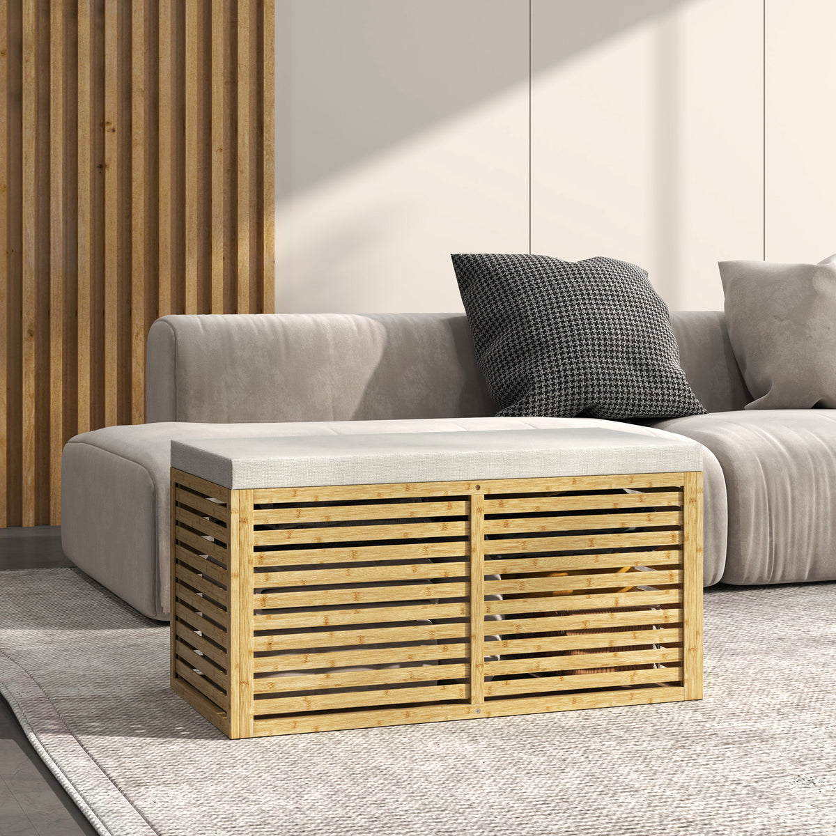 Baú de Arrumação para Dormitório 122L Banco de Arrumação Estofado em Linho Sintético com Almofada Estrutura de Bambu para Entrada Sala 90x42x43 cm Cinza e Madeira — foto 2