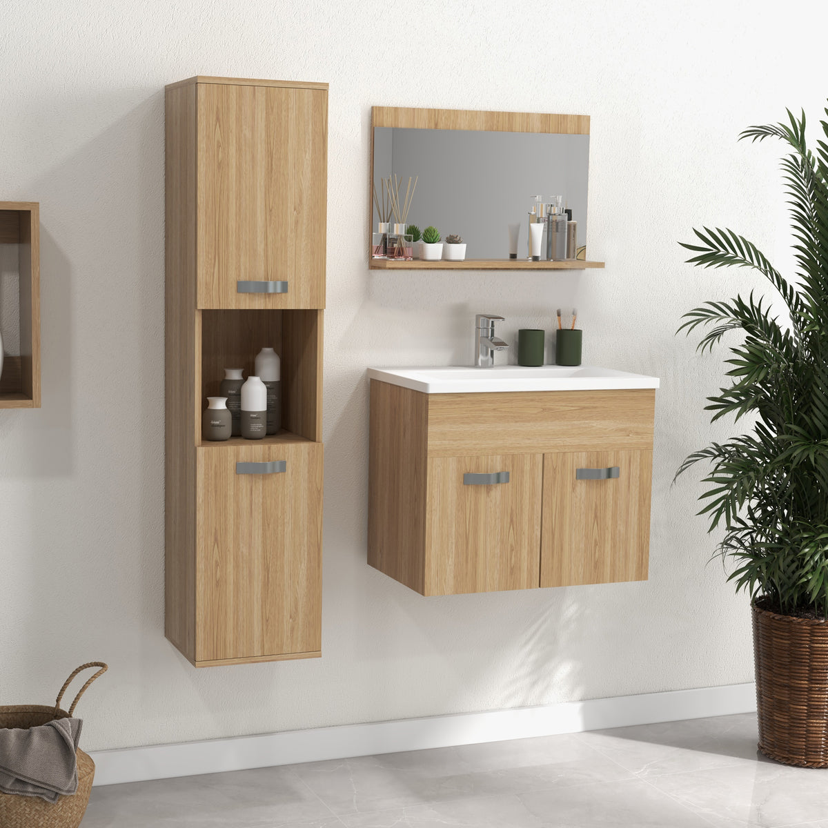 Conjunto de Móveis para Casa de Banho de Parede 3 Peças Inclui Espelho com Prateleira Móvel com Lavatório Cerâmico e Coluna de Casa de Banho Estilo Moderno Madeira — foto 2