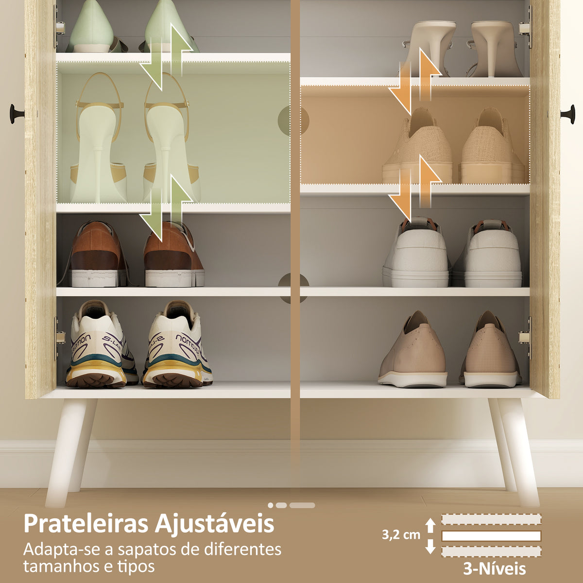 Sapateira de 2 Portas com Design em Espiga Sapateira para Entrada com Prateleiras Ajustáveis Gaveta para 12 Pares de Sapatos 75x35x97 cm Branco e Madeira — foto 5
