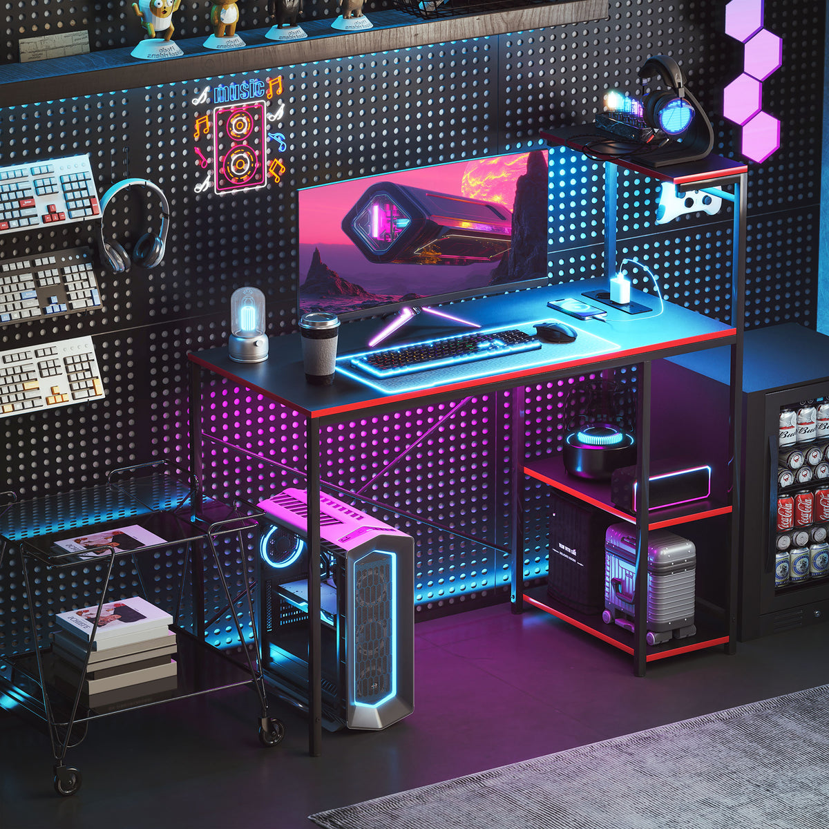 Secretária Gaming com Luzes LED 100x50 cm Secretária Gaming de Fibra de Carbono com Tomadas de Corrente Prateleiras e Controlo Remoto para Escritório Preto — foto 2