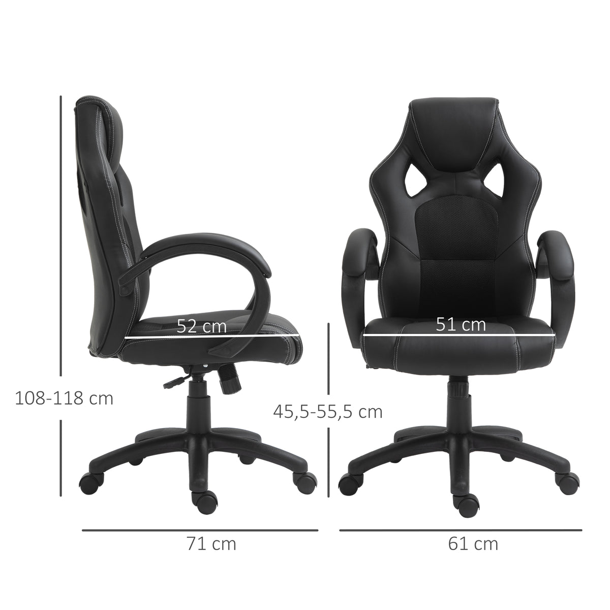 Cadeira de Escritório Ergonómica Cadeira de Escritório Giratória com Altura Ajustável Encosto Alto Estofado em Couro PU e Malha Transpirável 71x61x108-118cm Preto — foto 3