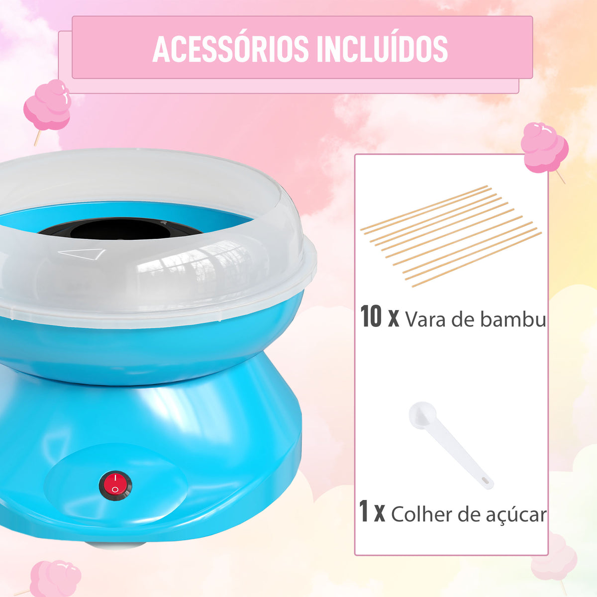 Máquina de Algodão Doce Potência 450W-550W Máquina de Algodão Doce com Colher Medidora e 10 Palitos de Bambu Aço Inoxidável e Alumínio 27x26x18 cm Azul — foto 5