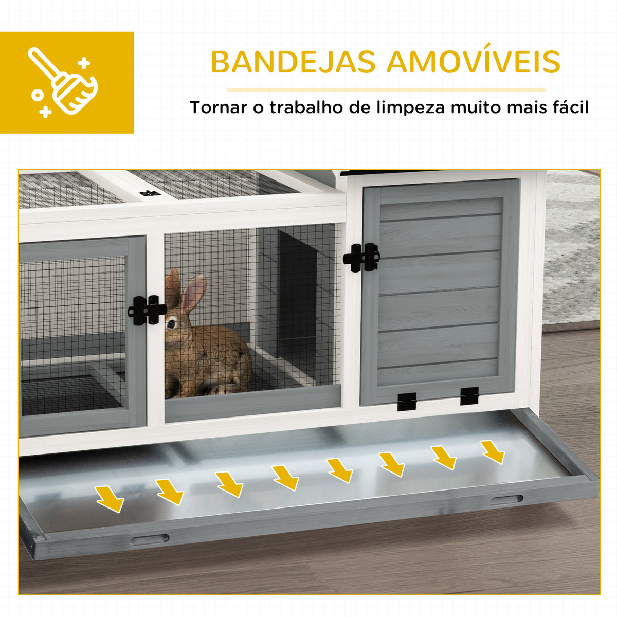 Coelheira de Madeira com Rodas 108x58x73,5cm Gaiola para 1-2 Coelhos com Teto Abatível Cerca Metálica Bandeja Amovível Portas com Trava e Rampa Marrom Cinza e Branco — foto 4