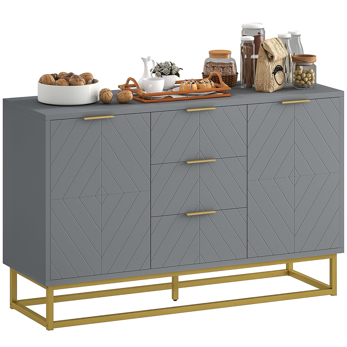 Aparador Auxiliar Armário de Armazenamento com 3 Gavetas e 2 Armários com Porta Prateleira Ajustável para Sala de Estar Cozinha 120x40x76 cm Cinza — foto 1