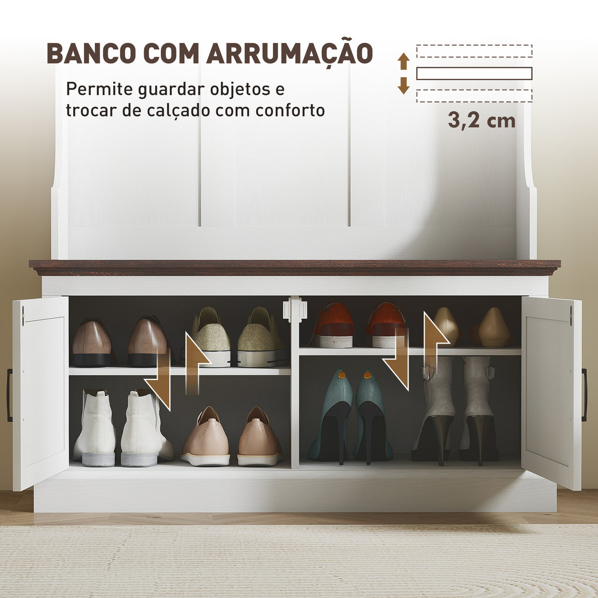 Móvel Cabide de Entrada Móvel de Entrada com Banco Sapateira 5 Ganchos 3 Prateleiras Armário e Compartimentos Estilo Rústico para Corredor Quarto Sala de Estar 105x40x180 cm Branco — foto 6