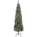 Árvore de Natal Slim 210 cm Árvore de Natal Artificial com Luzes LED Branco Quente 8 Modos de Iluminação 656 Ramos com Purpurina Prateada Pinhas Bagas e Suporte Metálico Verde — foto 1