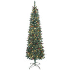 Árvore de Natal Slim 210 cm Árvore de Natal Artificial com Luzes LED Branco Quente 8 Modos de Iluminação 656 Ramos com Purpurina Prateada Pinhas Bagas e Suporte Metálico Verde — foto 1
